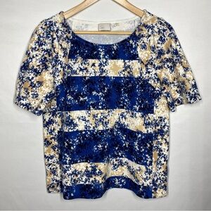 Anthropologie Brand Short, Puff Sleeve Top in Blue, White, & Tan Floral. Medium